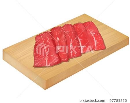 Fresh and delicious realistic hand-drawn illustration of beef on a wooden plate 97785250