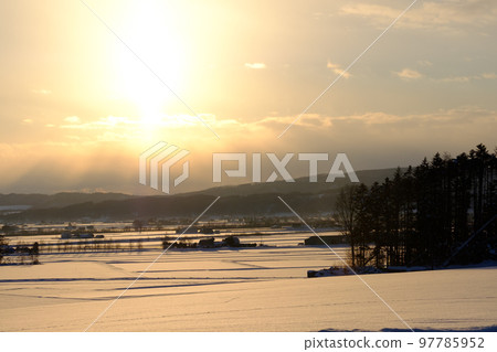Snow scene at dusk 97785952