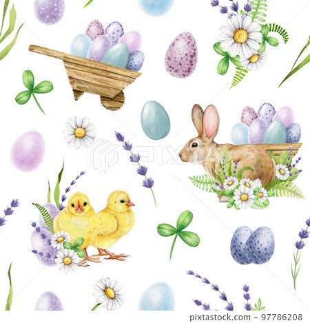 Easter flower festive seamless pattern. Watercolor illustration. Hand drawn bunny, chicks, colored eggs, spring garden flowers seamless pattern. Easter decoration traditional elements 97786208
