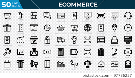 Set of 50 Ecommerce web icons in line style. Credit card, profit, invoice. Outline icons collection. Vector illustration 97786237