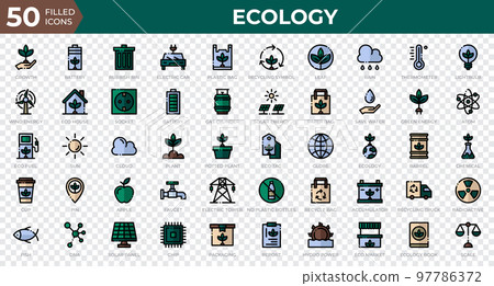 Set of 50 Ecology web icons in filled outline style. Recycling, biology, renewable energy. Filled outline icons collection. Vector illustration Set of 50 Ecology web icons in filled outline style. Recycling, biology, renewable energy. Filled outline icons collection. Vector illustration 97786372