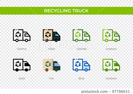Recycling truck icon in different style. Recycling truck vector icons designed in outline, solid, colored, filled, gradient, and flat style. Symbol, logo illustration. Vector illustration Recycling truck icon in different style. Recycling truck vector icons designed in outline, solid, colored, filled, gradient, and flat style. Symbol, logo illustration. Vector illustration 97786631