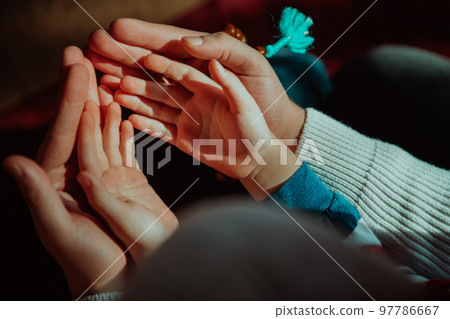 Muslim prayer father and son in mosque prayingtogether 97786667