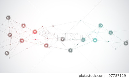 Information technology background with infographic elements and flat icons. Digital technology, network connection and communication concept. High quality illustration Information technology background with infographic elements and flat icons. Digital technology, network connection and communication concept. High quality illustration 97787129