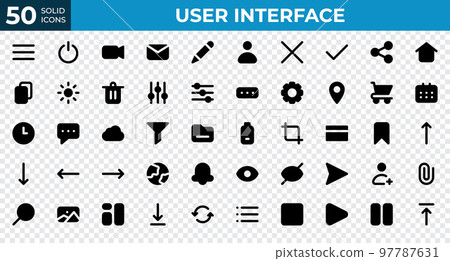 Set of 50 User Interface icons in solid style. Menu, calendar, clock. Solid icons collection. Vector illustration 97787631