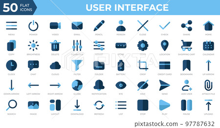 Set of 50 User Interface icons in flat style. Menu, calendar, clock. Flat icons collection. Vector illustration 97787632