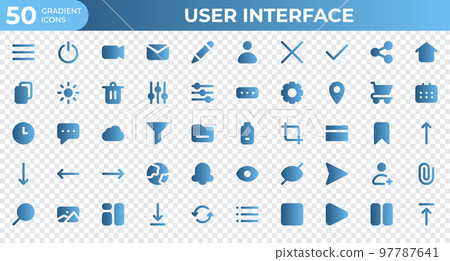 Set of 50 User Interface icons in gradient style. Menu, calendar, clock. Gradient icons collection. Vector illustration 97787641