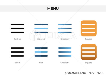 menu icon in different style. menu vector icons designed in outline, solid, colored, gradient, and flat style. Symbol, logo illustration. Vector illustration menu icon in different style. menu vector icons designed in outline, solid, colored, gradient, and flat style. Symbol, logo illustration. Vector illustration 97787646