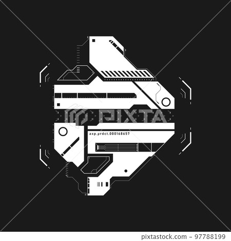 Cyberpunk arrow. Futuristic tech interface element. Cyberpunk pointer, direction. Tech arrow for design of game UI, poster, banner. GUI, FUI. Sci-fi element. Tech aesthetics. Vector 97788199