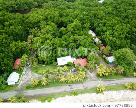 Tofol town drone view at Lelu in Kosrae, Micronesia 97788892