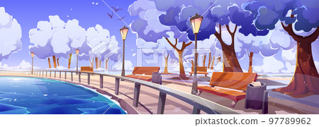 Quay in winter city park landscape with frozen bay 97789962