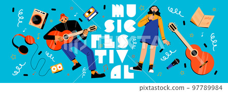 Music festival banner girls sing and play guitar Music festival banner girls sing and play guitar 97789984