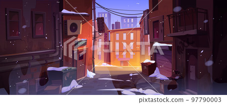 Rain at dark city corner, dirty nook puddles Rain at dark city corner, dirty nook puddles 97790003