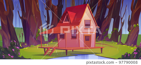 Wooden house at summer forest in rainy weather 97790008
