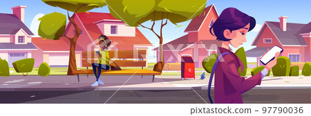 Women with smartphones walking on suburb street 97790036