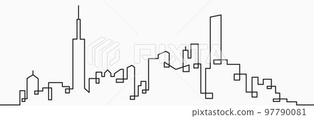 Modern City Skyline continuous outline drawing on white background. Modern City Skyline continuous outline drawing on white background. 97790081