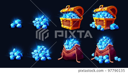 Treasure chest and bag with gem stones game icons 97790135
