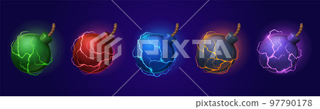 Bombs with fuse props game icons, metal balls Bombs with fuse props game icons, metal balls 97790178