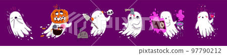 Set of cute Halloween ghosts on background Set of cute Halloween ghosts on background 97790212