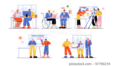 Set of business people discuss project in office Set of business people discuss project in office 97790234