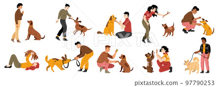 People training dogs, hug and play with puppies 97790253