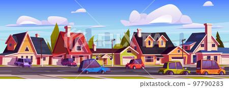 Suburb street with houses and driving cars, Vector 97790283