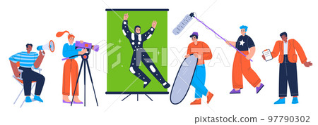 Film crew record movie with camera, green screen 97790302