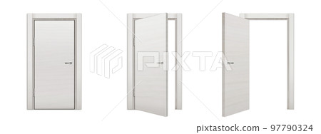 White wooden door in open, closed, ajar position 97790324