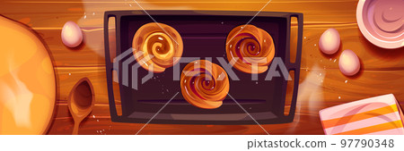 Kitchen table with baked buns on tray top view Kitchen table with baked buns on tray top view 97790348