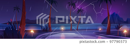Night rainy landscape road turn with palm trees Night rainy landscape road turn with palm trees 97790373