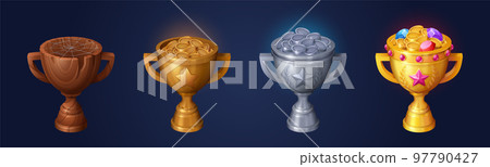 Rank trophies, gold, silver, bronze, wooden cups 97790427