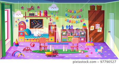 Kids bedroom, child room interior with bed, toys 97790527