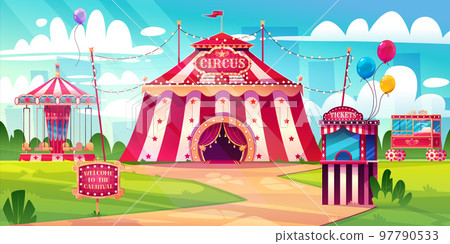 Amusement carnival park with circus tent, booth Amusement carnival park with circus tent, booth 97790533