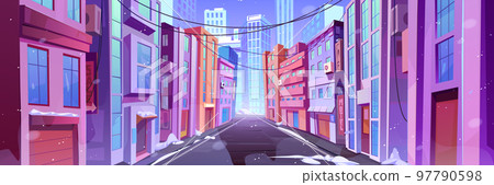 Winter city street with road at day time Winter city street with road at day time 97790598