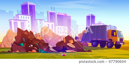 Garbage truck dumping rubbish at cityscape view Garbage truck dumping rubbish at cityscape view 97790604