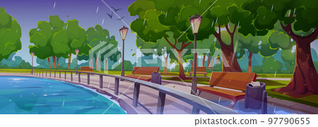 Quay in city park at rain landscape with river bay Quay in city park at rain landscape with river bay 97790655