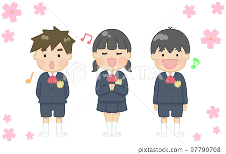 Children singing in chorus at the graduation ceremony (cherry blossom background) 97790708