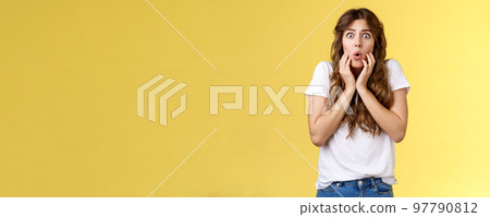 Pity upset worried cute curly-haired girl frowning feel sorry for friend pulling sorrow face touch cheeks gasping distressed express empathy shook stand yellow background anxious terrified Pity upset worried cute curly-haired girl frowning feel sorry for friend pulling sorrow face touch cheeks gasping distressed express empathy shook stand yellow background anxious terrified 97790812