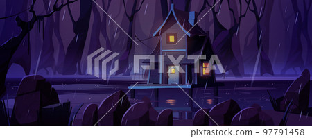Fantasy landscape wooden stilt house on swamp 97791458