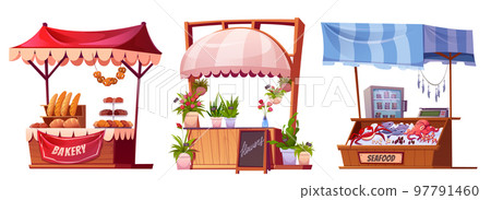 Market stalls with flowers, bakery and seafood 97791460
