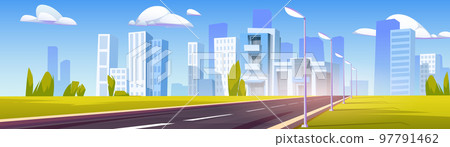 Highway, empty road to city with skyscrapers 97791462