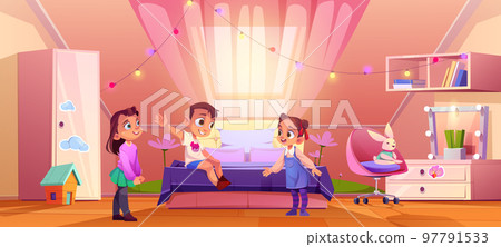 Bedroom on attic with cute playing kids 97791533