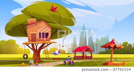 Summer landscape of playground with tree house 97791534