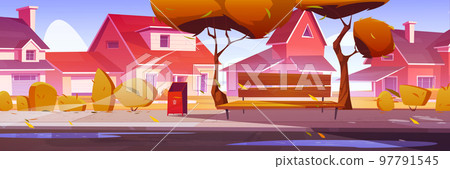 Autumn town street with cozy houses, yellow trees Autumn town street with cozy houses, yellow trees 97791545
