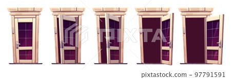 Set of open and closed classic wooden front doors 97791591
