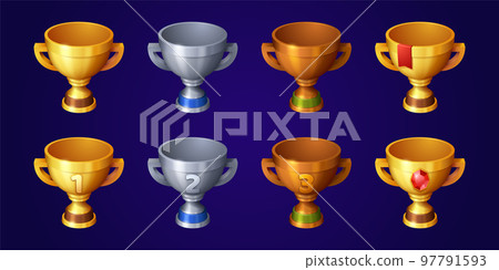 Collection of gold, silver and bronze winner cups 97791593