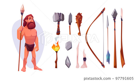 Caveman with weapon set isolated on white 97791605