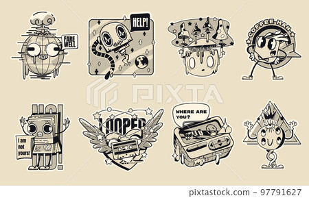 Monochrome retrowave stickers in y2k style Monochrome retrowave stickers in y2k style 97791627