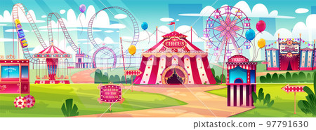 Amusement park, carnival, funfair with circus tent 97791630