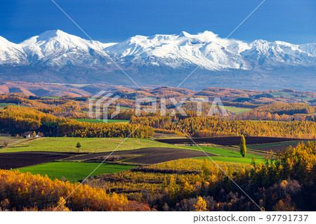 The hills of Biei in late autumn and the Tokachidake mountain range in fresh snow The hills of Biei in late autumn and the Tokachidake mountain range in fresh snow 97791737
